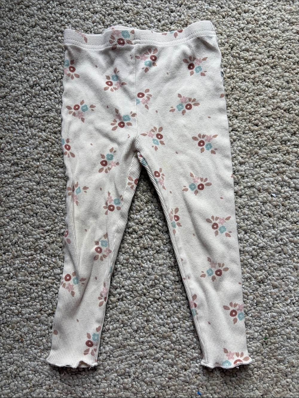 Cream Floral Ribbed Kids' Leggings with Rust & Teal Accents